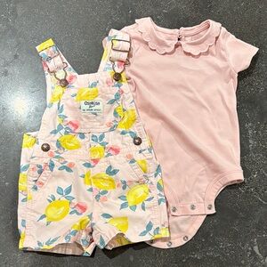 OshKosh B'gosh Lemon Print Overalls 6 mos with Pink Matching Onsie 9 mos